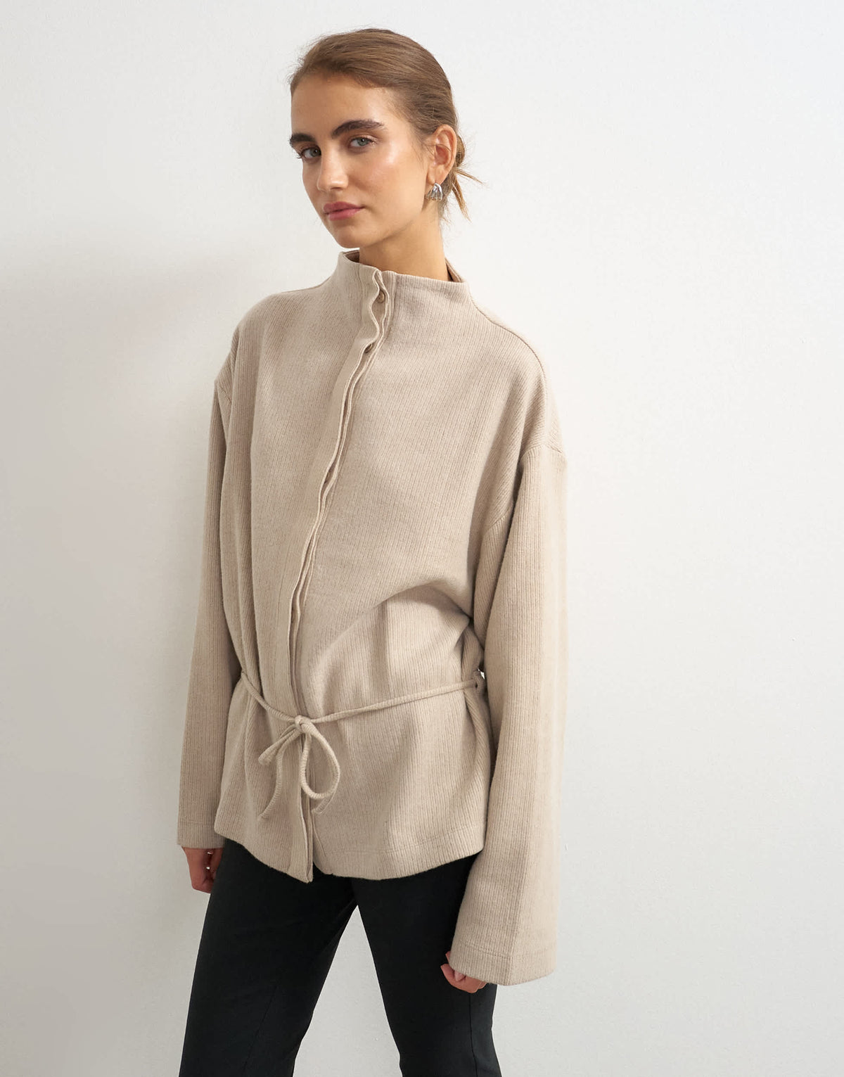 Topshop supersoft button down tie detail jacket in oat