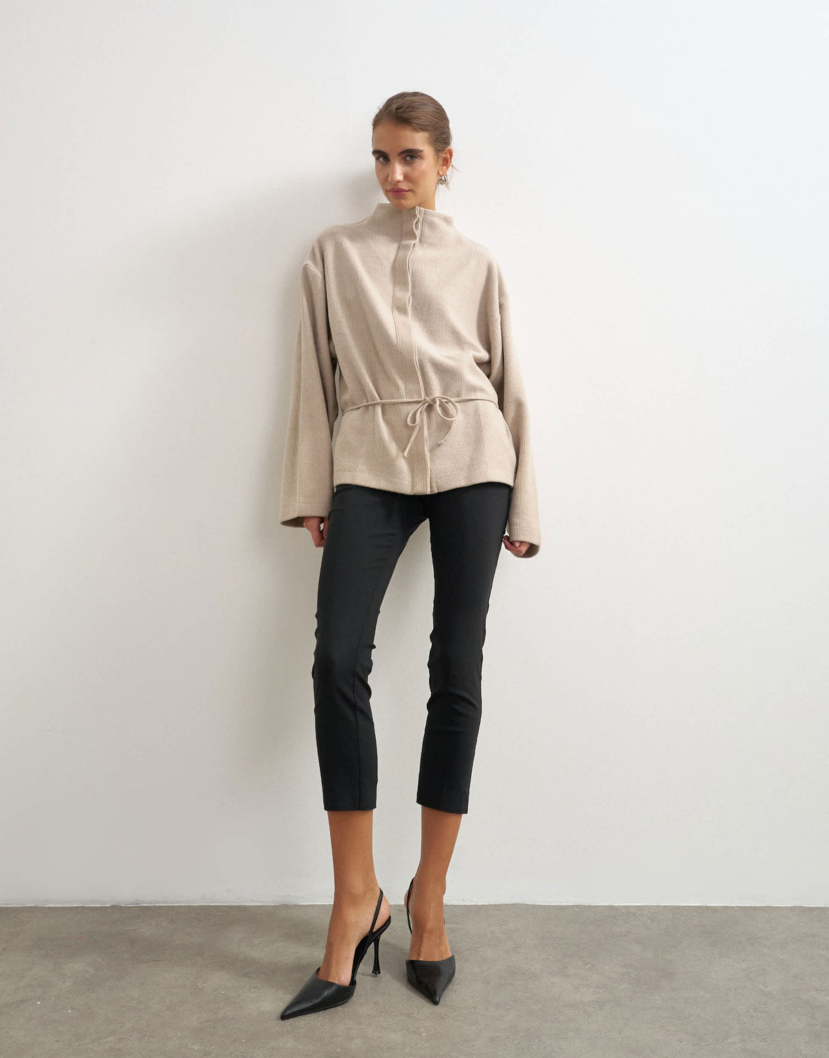 Topshop supersoft button down tie detail jacket in oat
