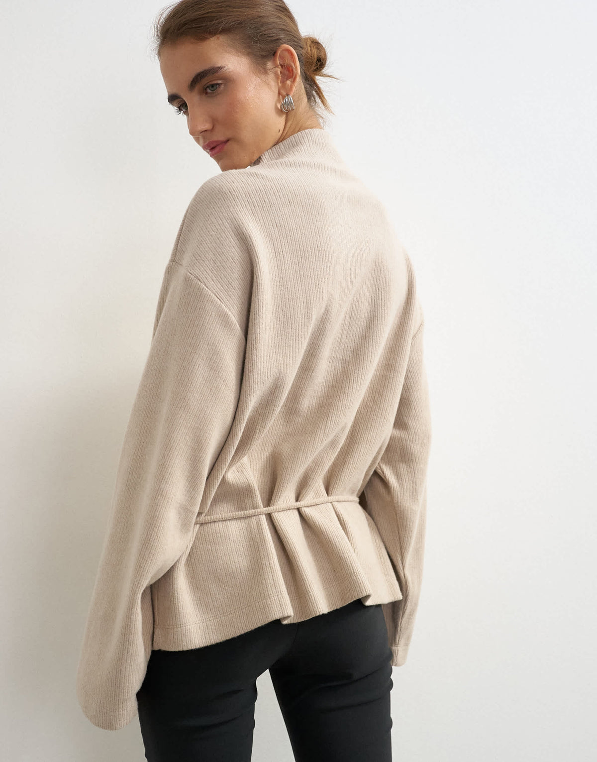 Topshop supersoft button down tie detail jacket in oat