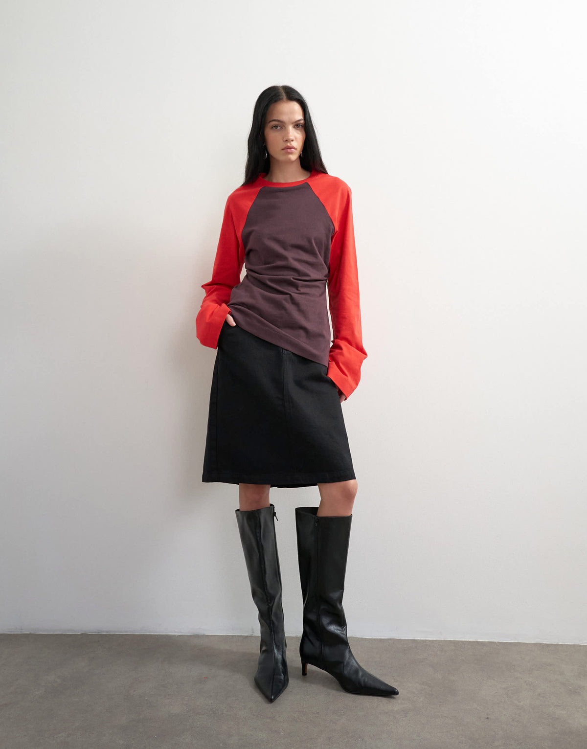 Topshop colour block cinched waist long sleeve raglan t-shirt in red brown