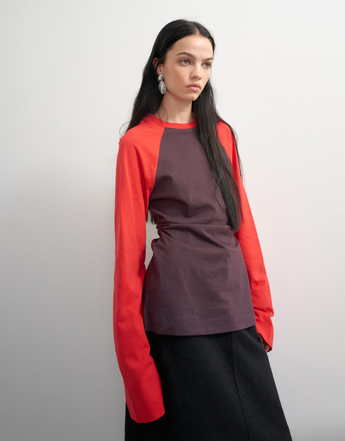 Topshop colour block cinched waist long sleeve raglan t-shirt in red brown