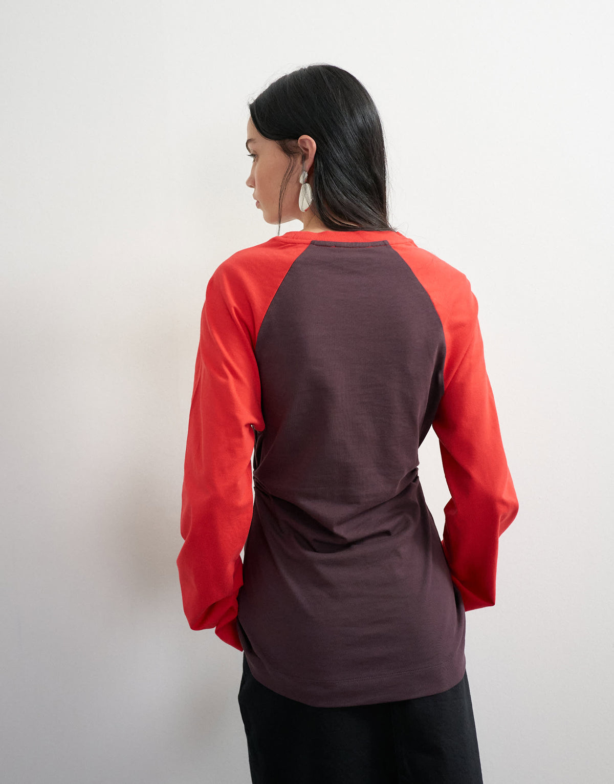 Topshop colour block cinched waist long sleeve raglan t-shirt in red brown