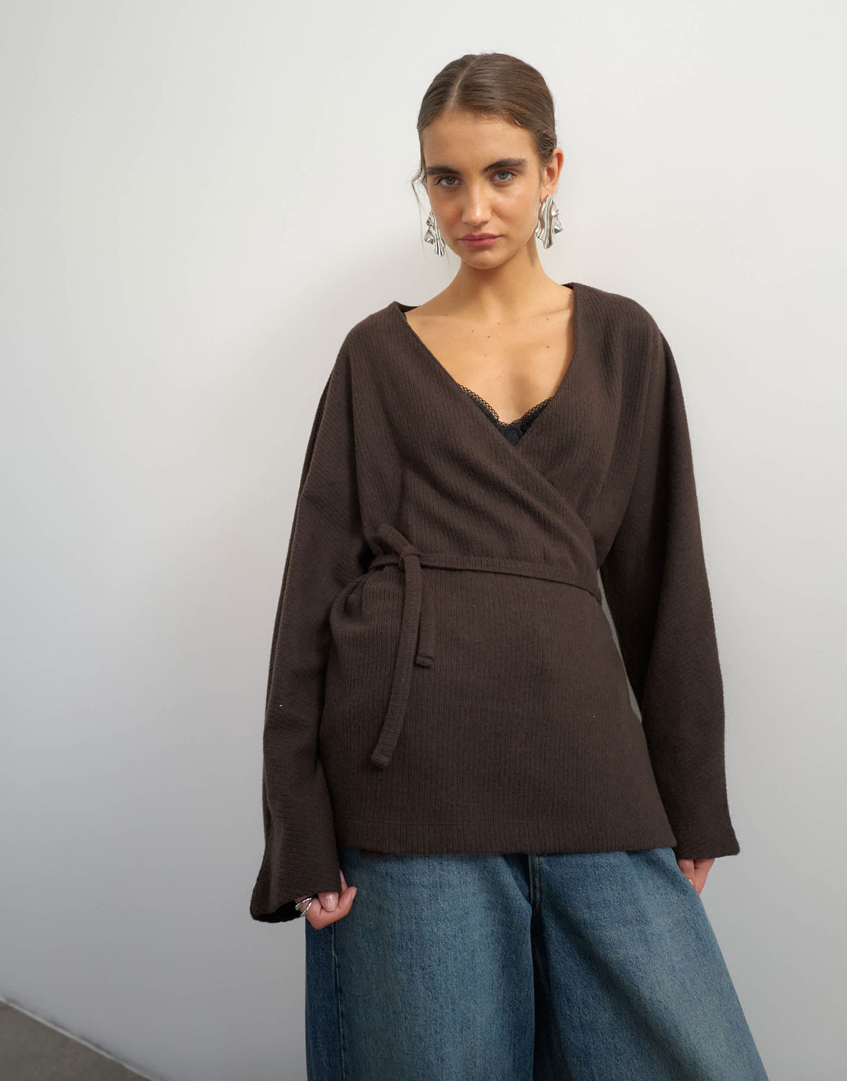Topshop supersoft wrap detail top co-ord in chocolate