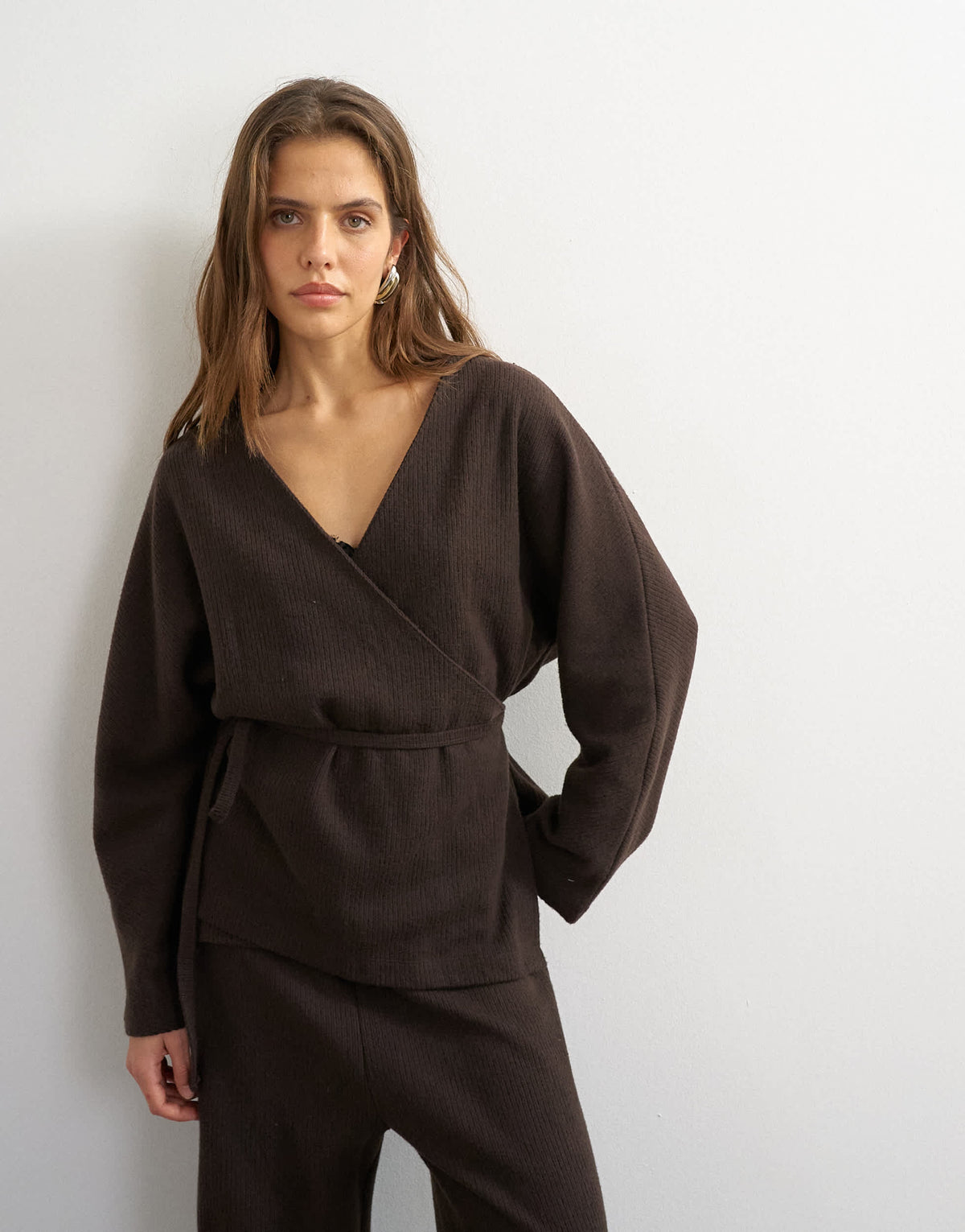 Topshop supersoft wrap detail top in chocolate