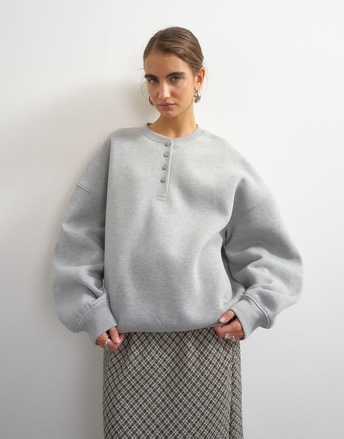 Topshop henley button detail sweat in grey marl