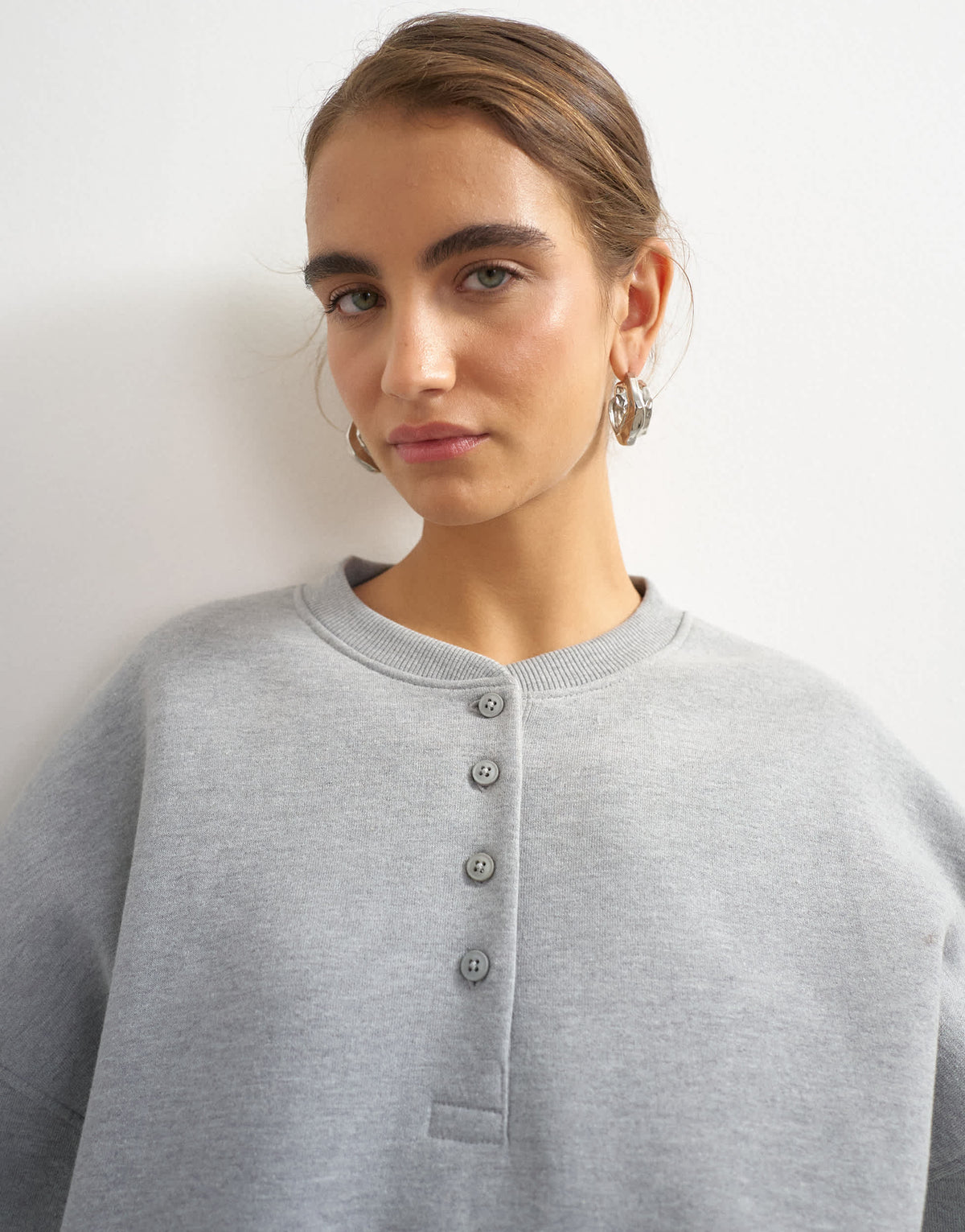 Topshop henley button detail sweat in grey marl