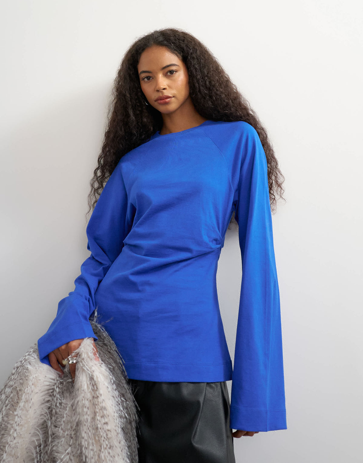 Topshop cinched waist long sleeve raglan t-shirt in colbalt