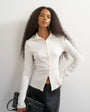Topshop high neck button down long sleeve rib top in cream