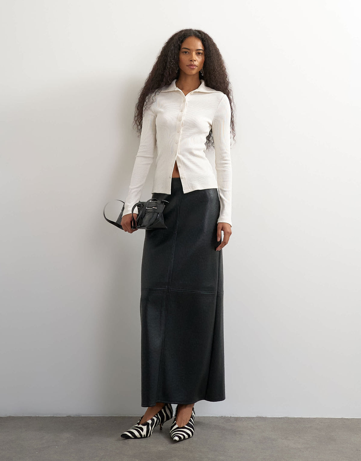 Topshop high neck button down long sleeve rib top in cream