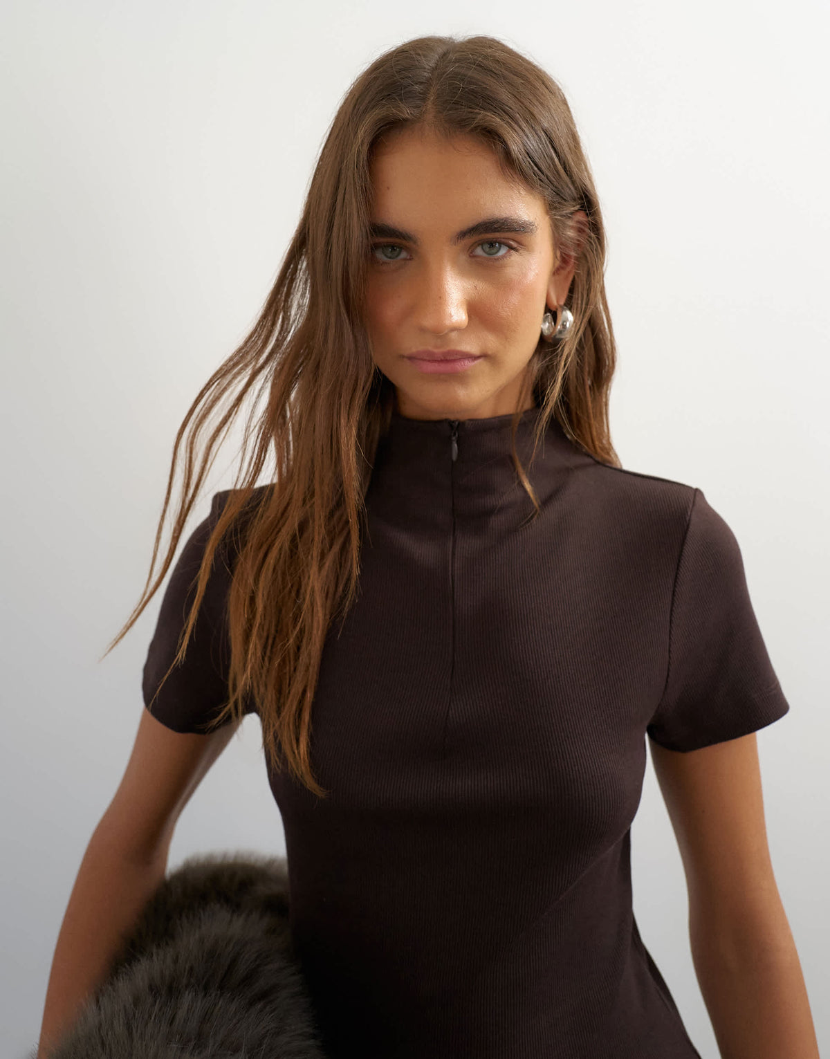 Topshop high neck zip through short sleeve rib top in chocolate