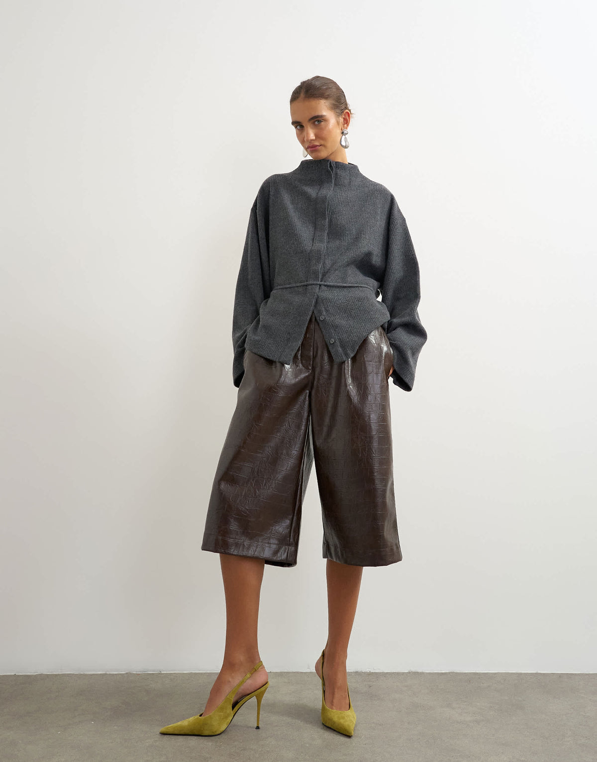 Topshop supersoft button down tie detail jacket in charcoal