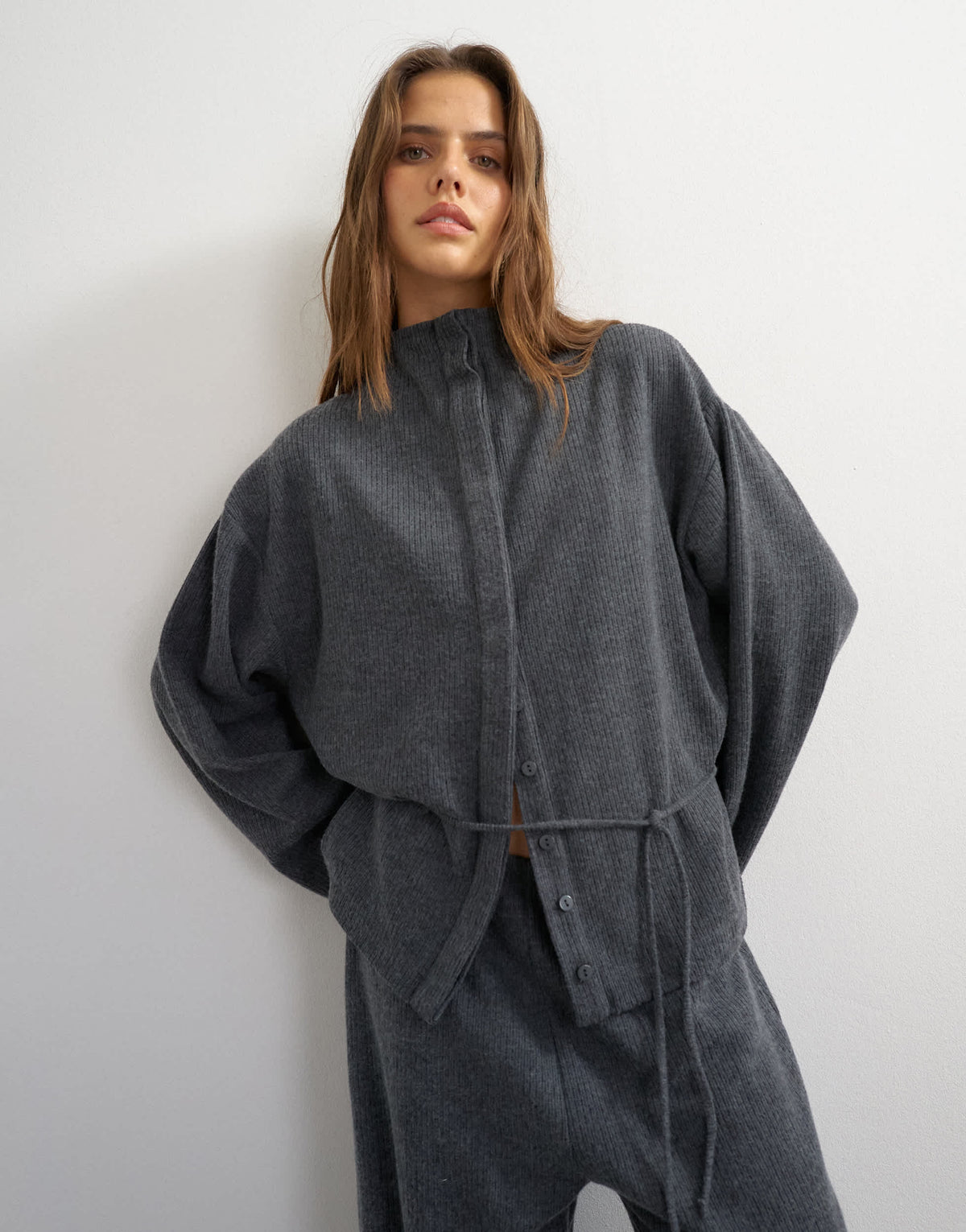 Topshop supersoft button down tie detail jacket in charcoal