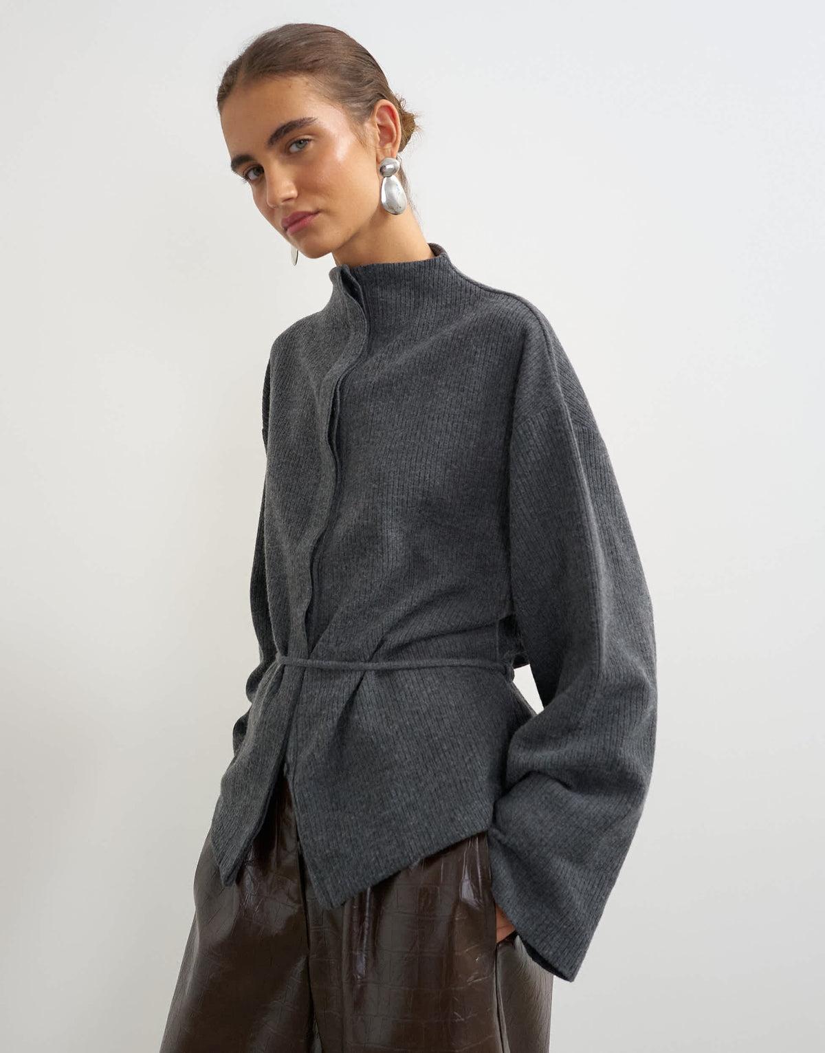Topshop supersoft button down tie detail jacket in charcoal