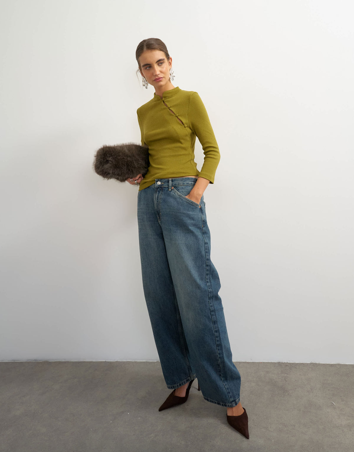 Topshop ribbed half sleeve asymmetric button in moss