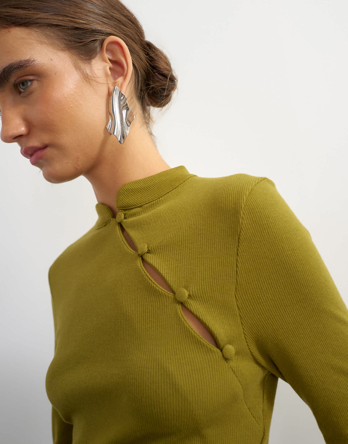 Topshop ribbed half sleeve asymmetric button in moss