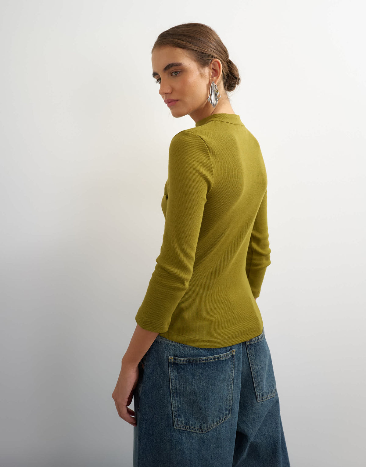 Topshop ribbed half sleeve asymmetric button in moss