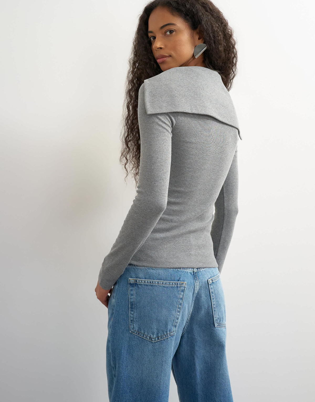 Topshop high neck button down long sleeve rib top in grey marl