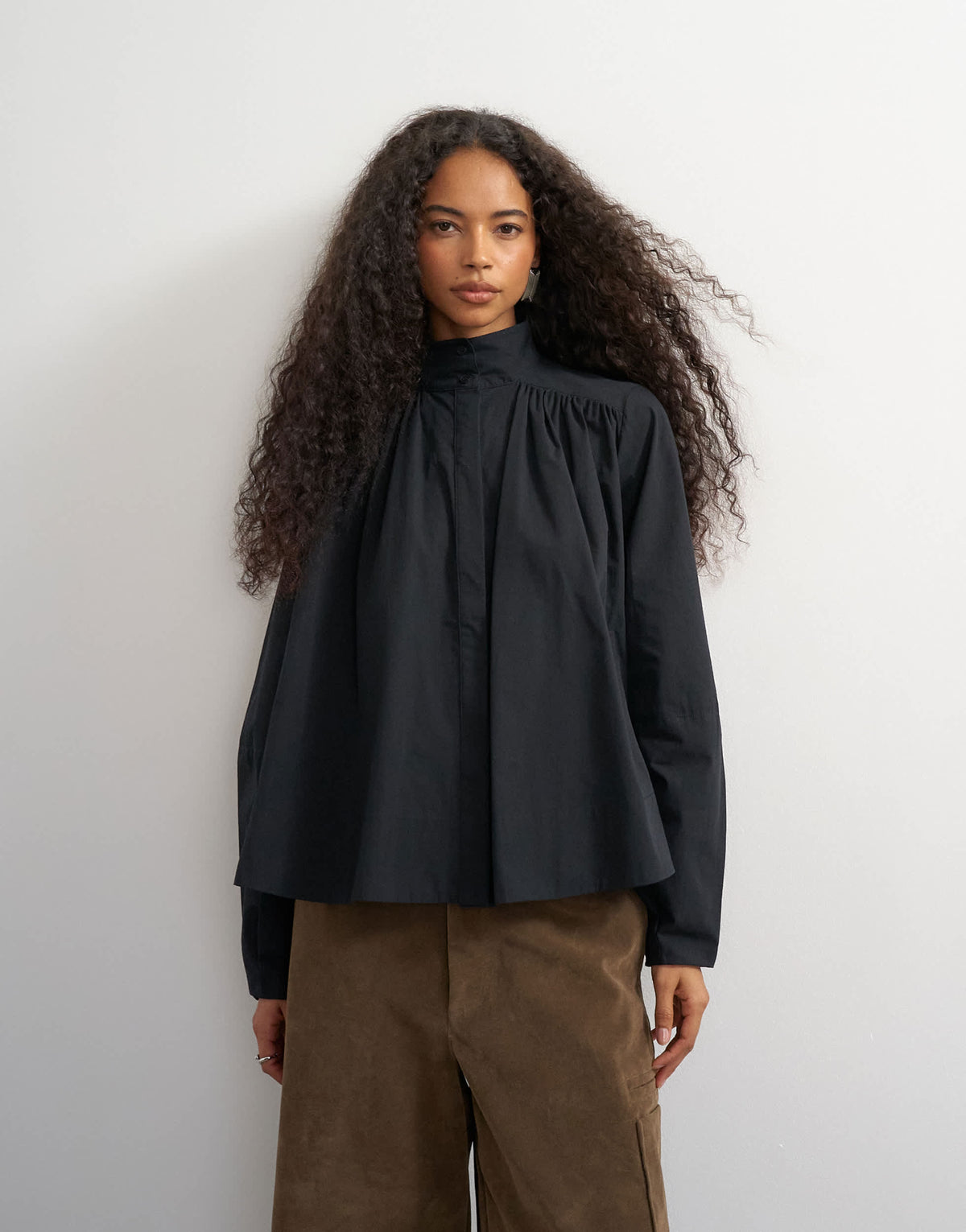 Topshop high neck balloon sleeve shirt in black