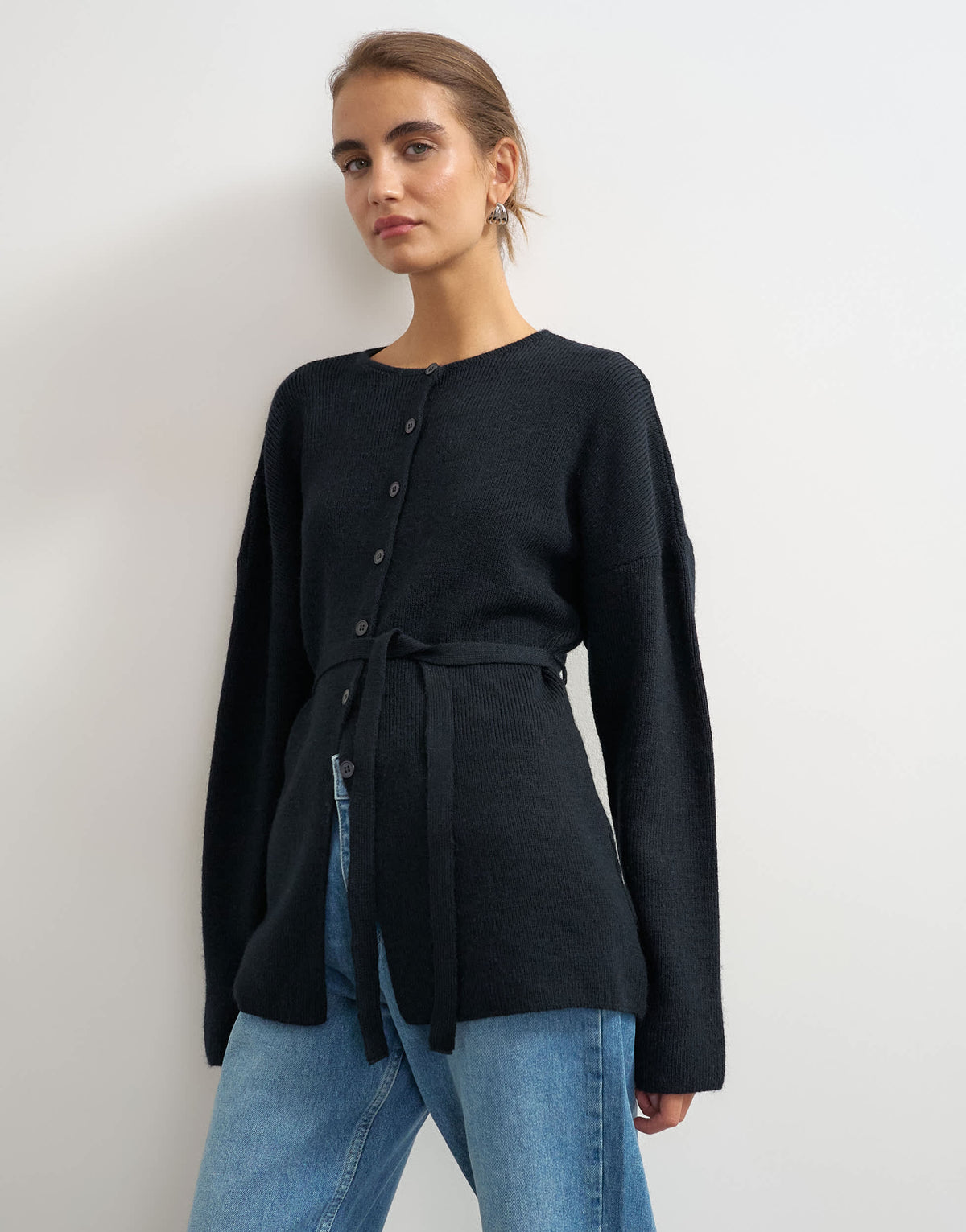 Topshop knitted tie back all needle cardigan in navy