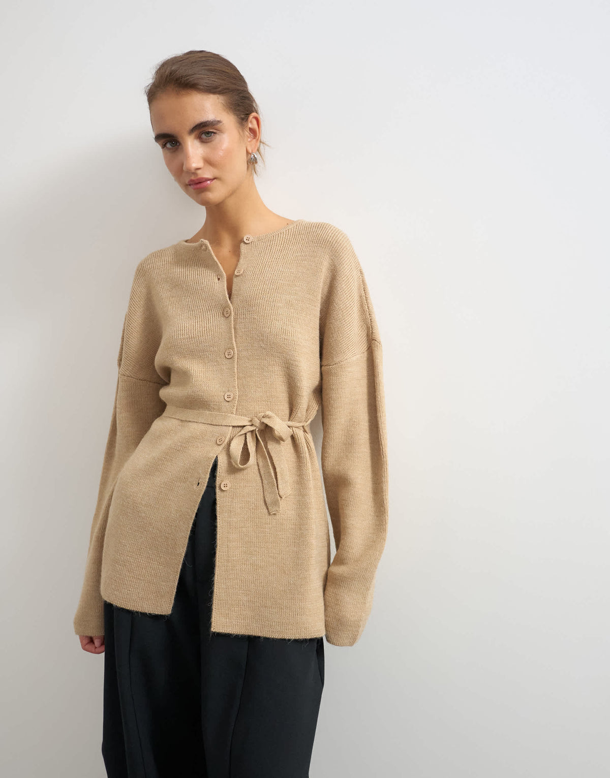 Topshop knitted tie back all needle cardigan in oat