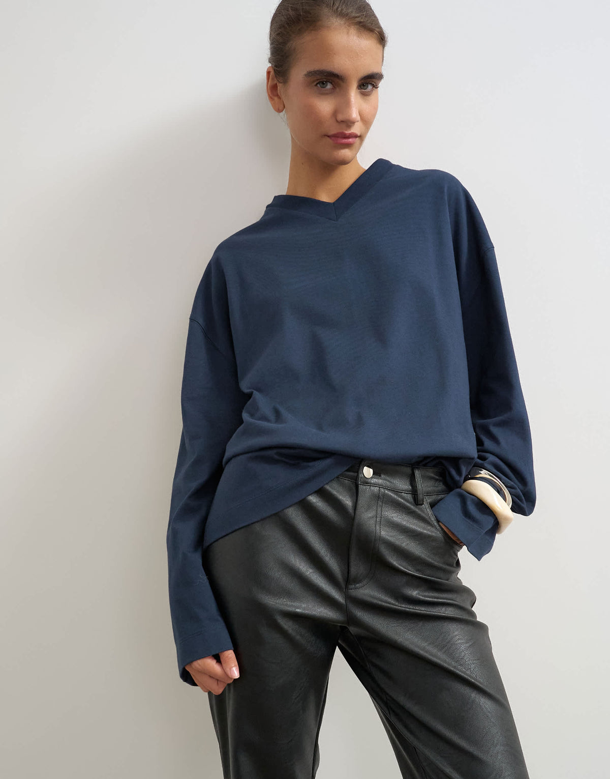 Topshop v neck long sleeve skater top in navy