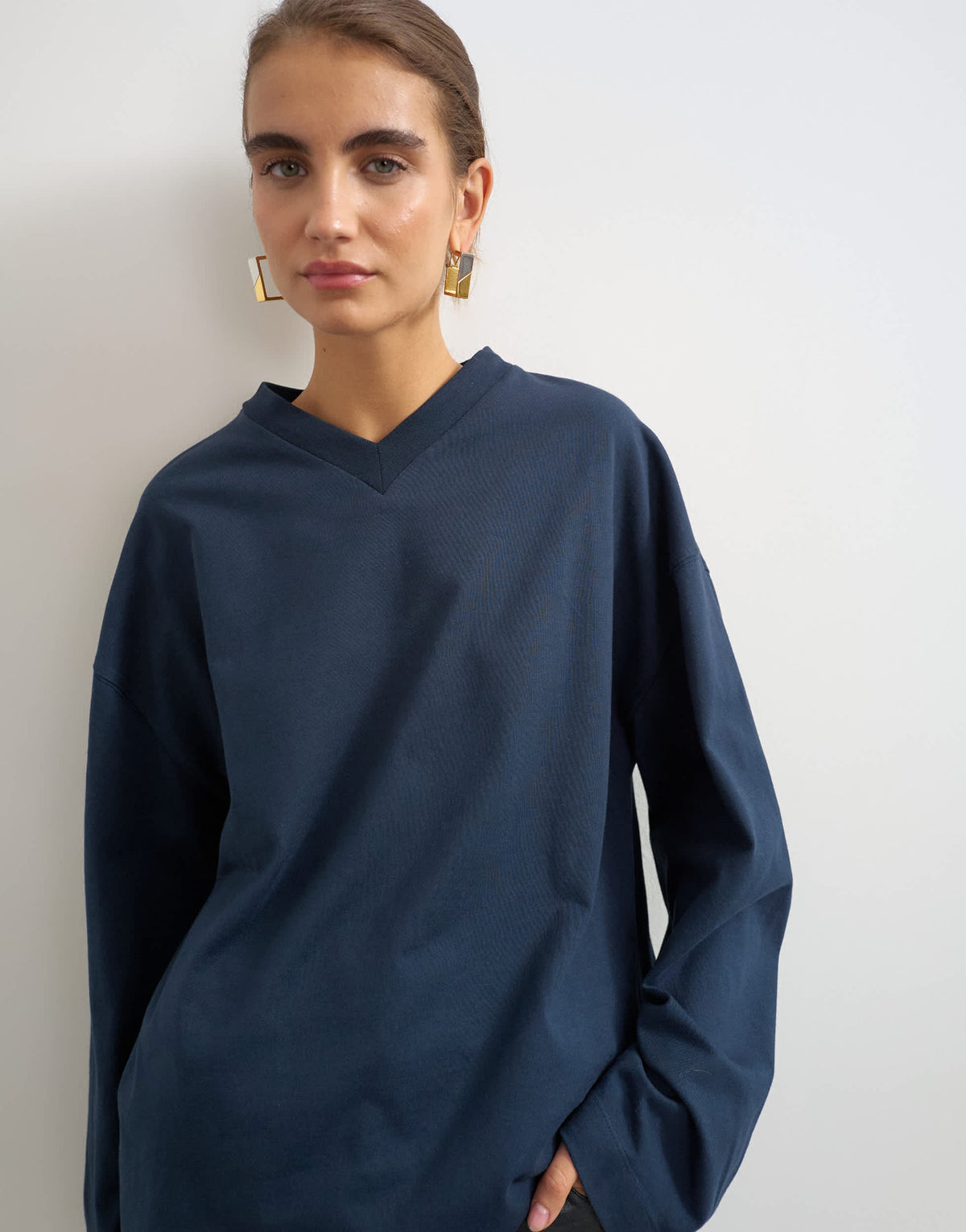 Topshop v neck long sleeve skater top in navy