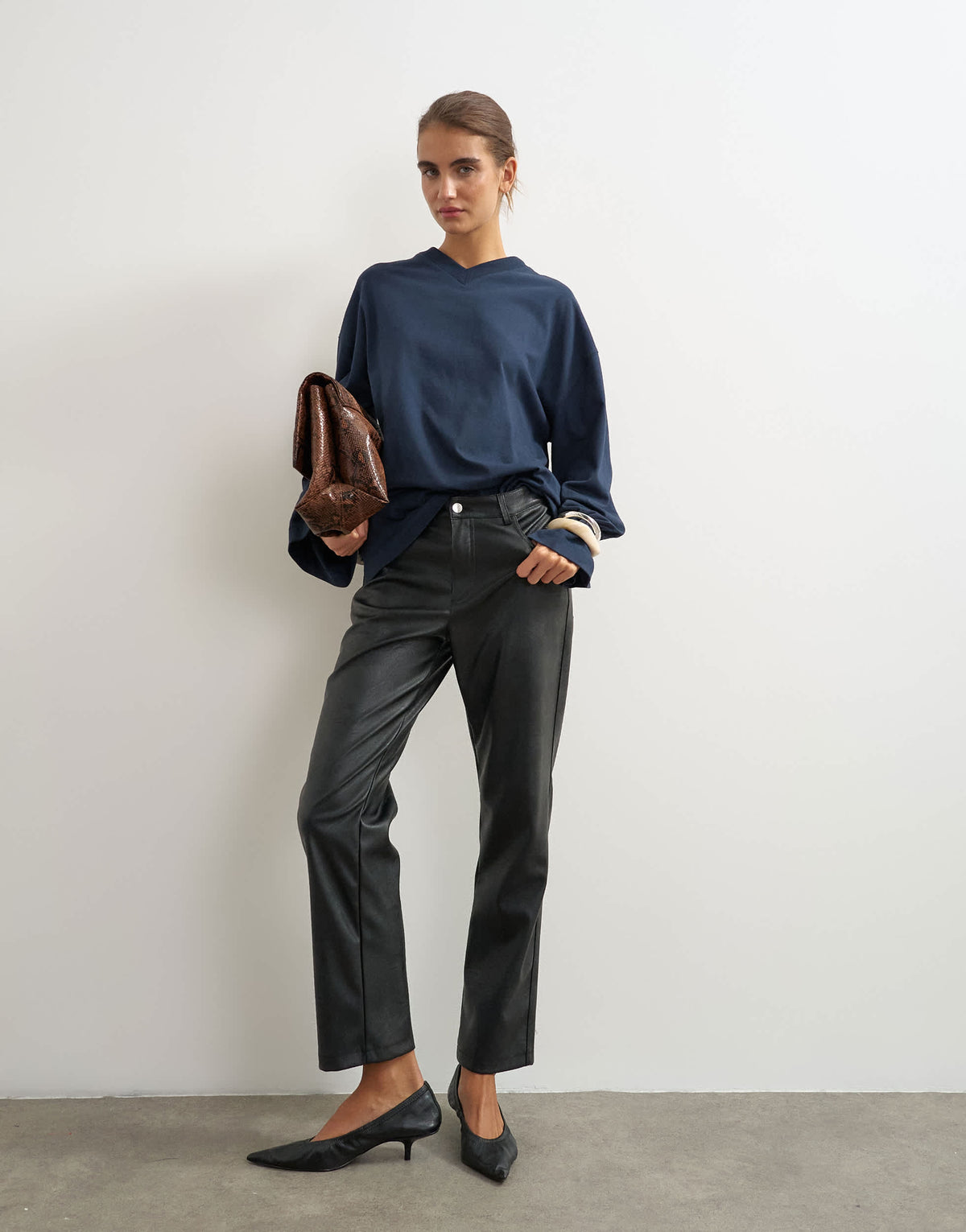 Topshop v neck long sleeve skater top in navy