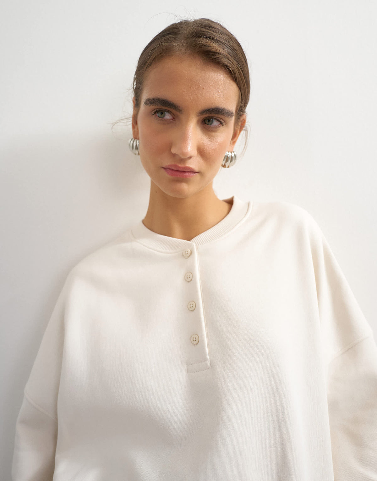 Topshop henley button detail sweat in ecru