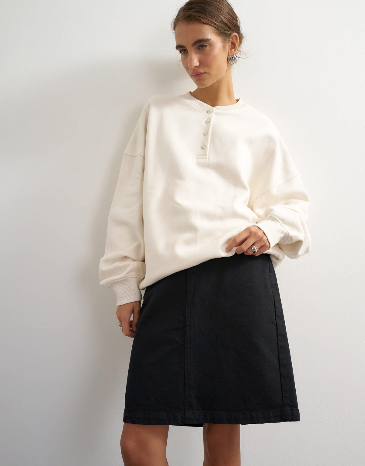 Topshop henley button detail sweat in ecru