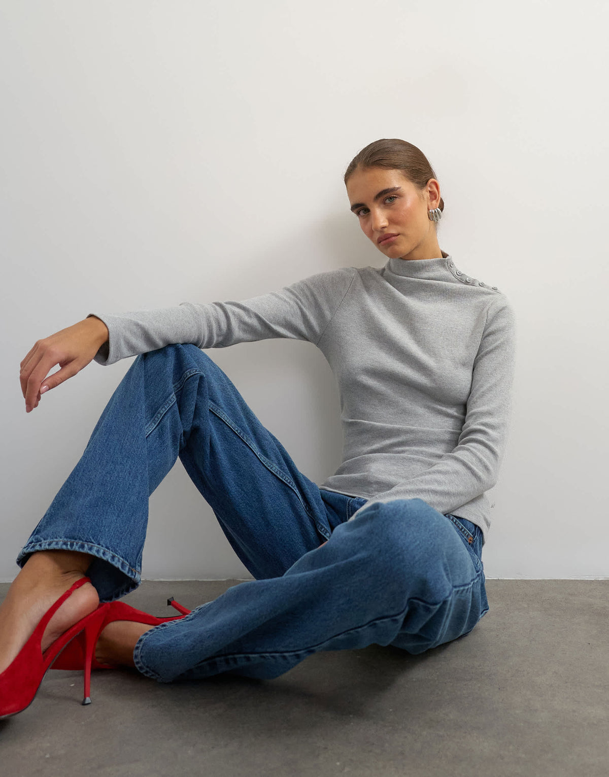 Topshop button detail funnel neck long sleeve top in grey marl