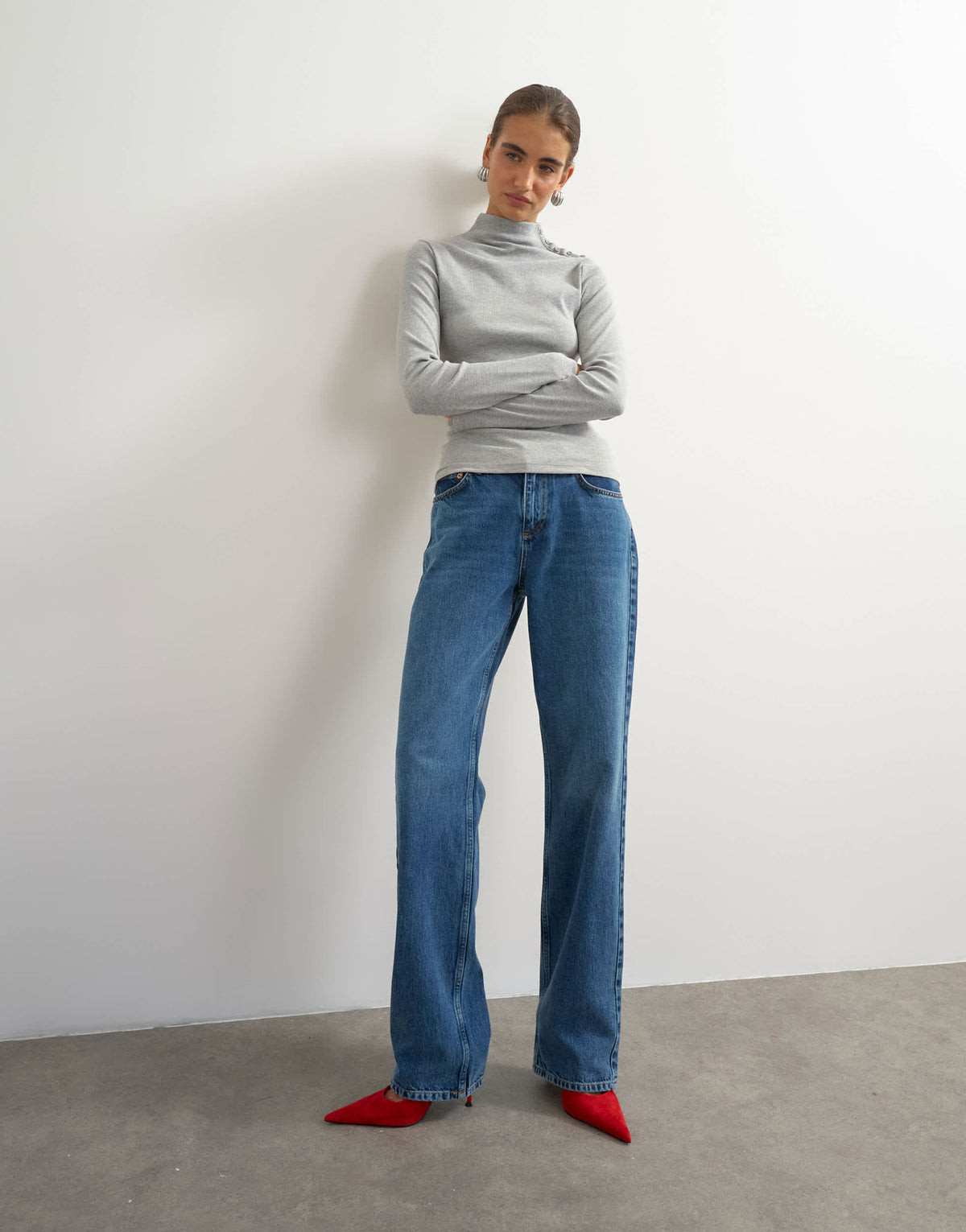 Topshop button detail funnel neck long sleeve top in grey marl