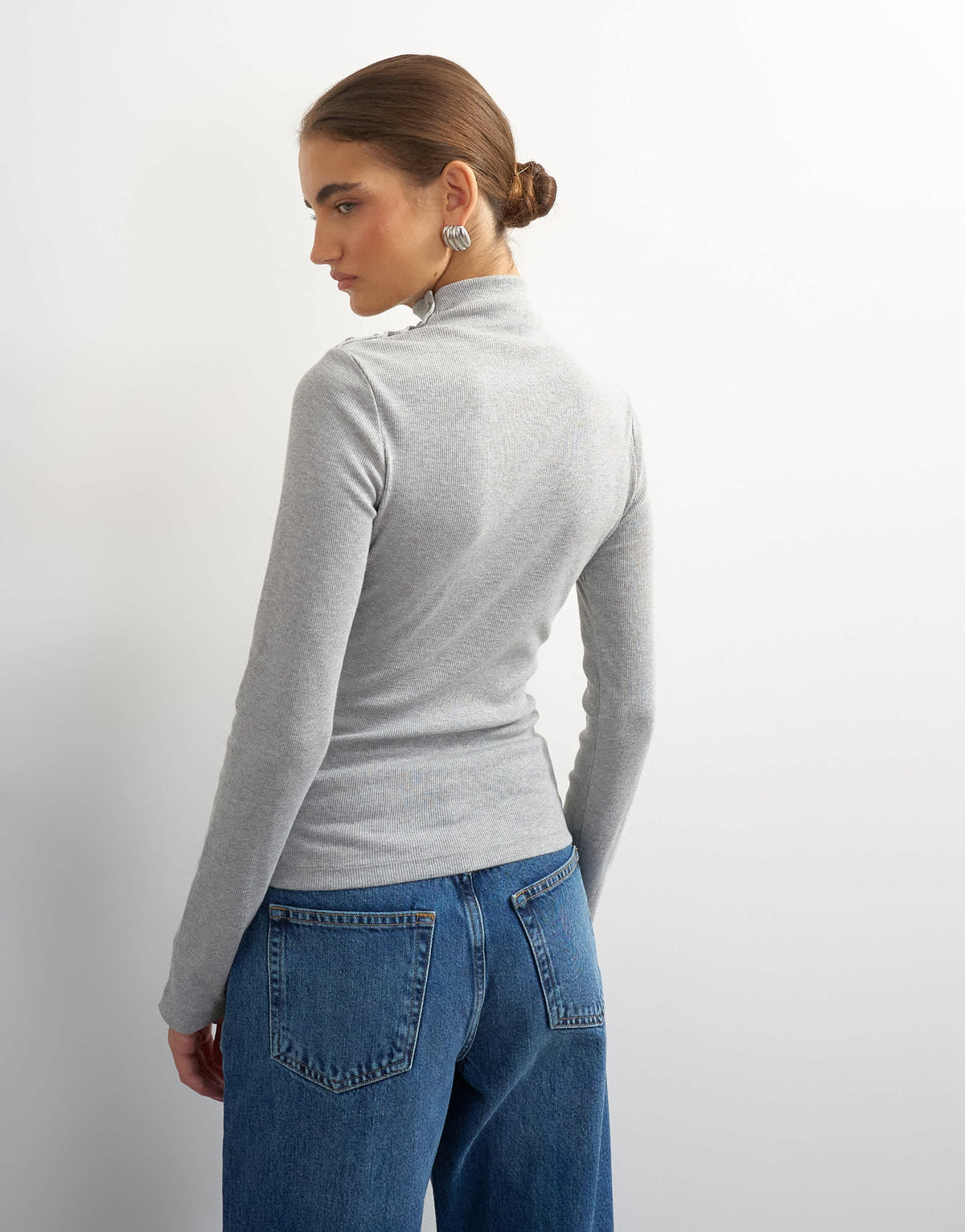 Topshop button detail funnel neck long sleeve top in grey marl