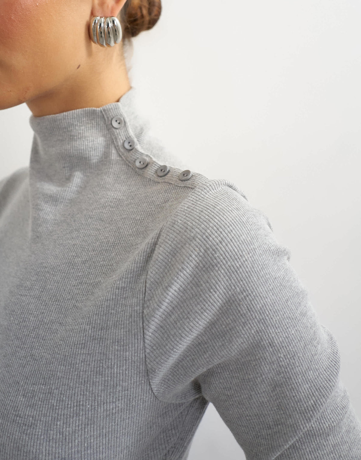 Topshop button detail funnel neck long sleeve top in grey marl