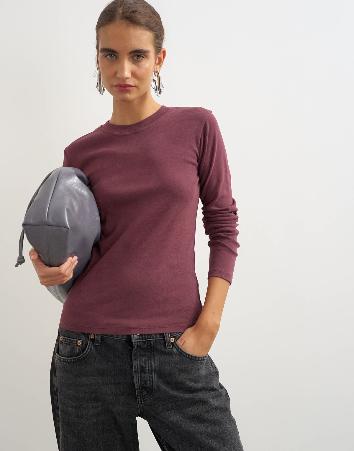 Topshop long sleeve everyday tee in washed burgundy