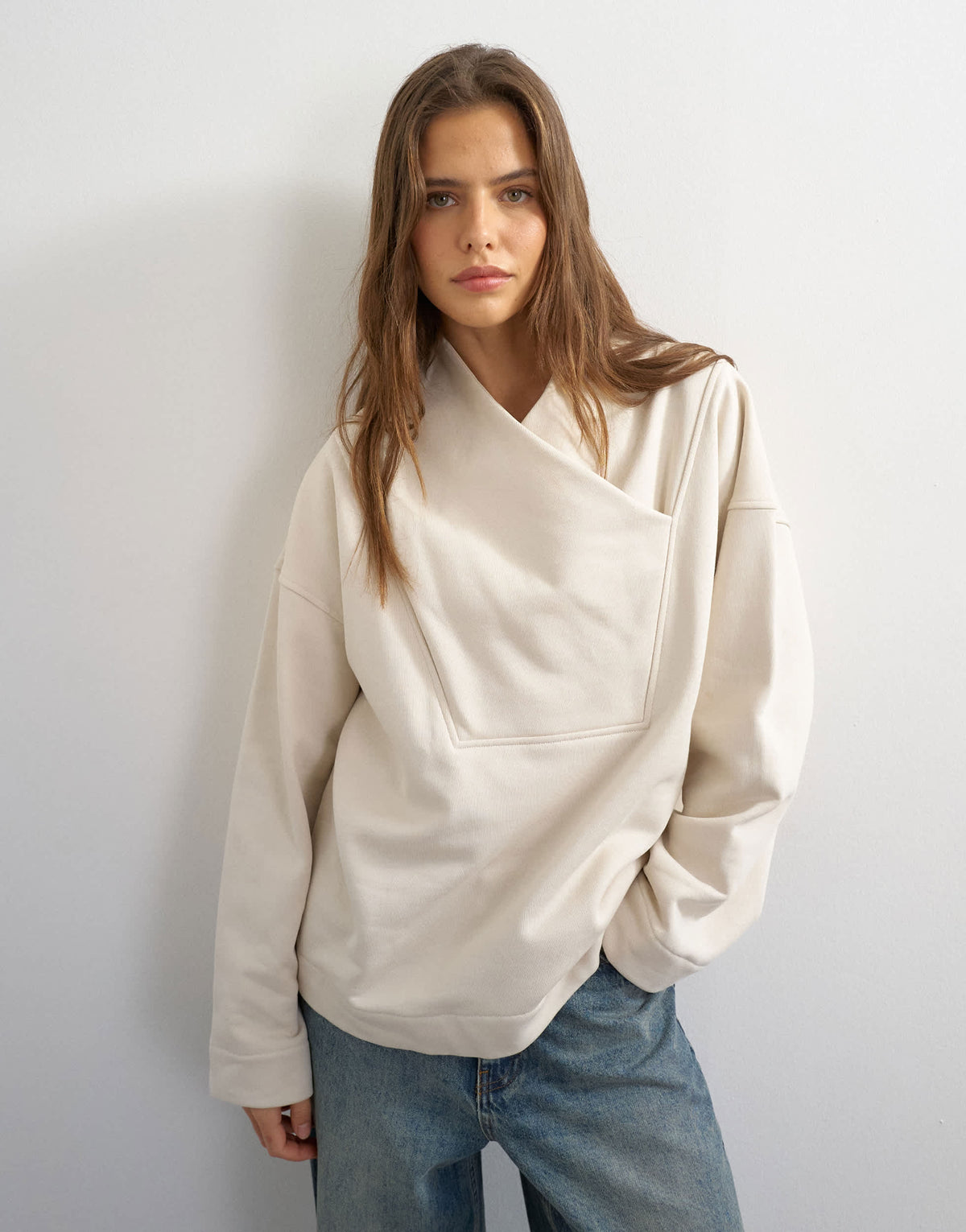 Topshop sweat high neck cross over jumper in stone