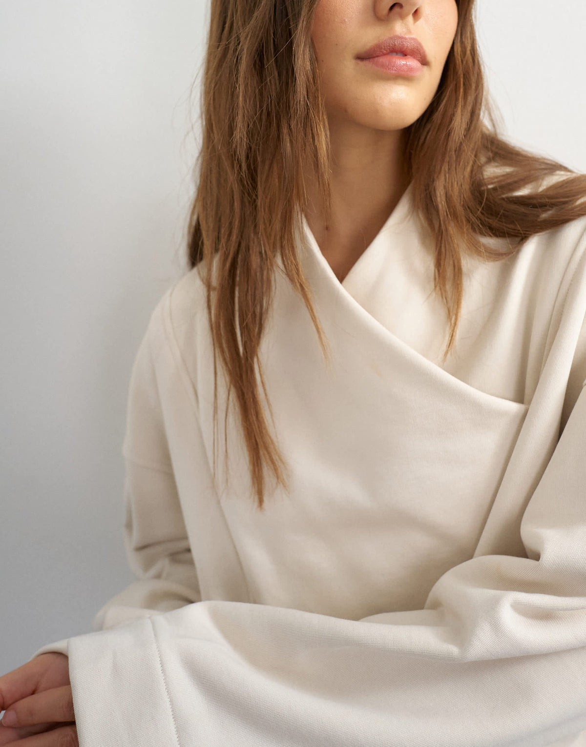 Topshop sweat high neck cross over jumper in stone