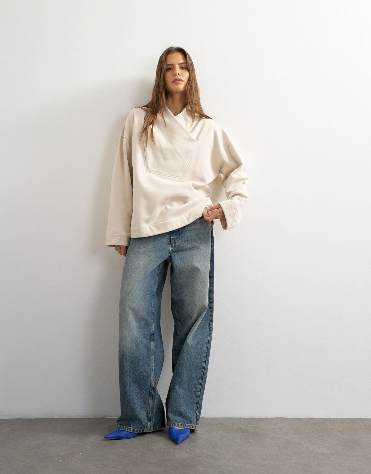 Topshop sweat high neck cross over jumper in stone