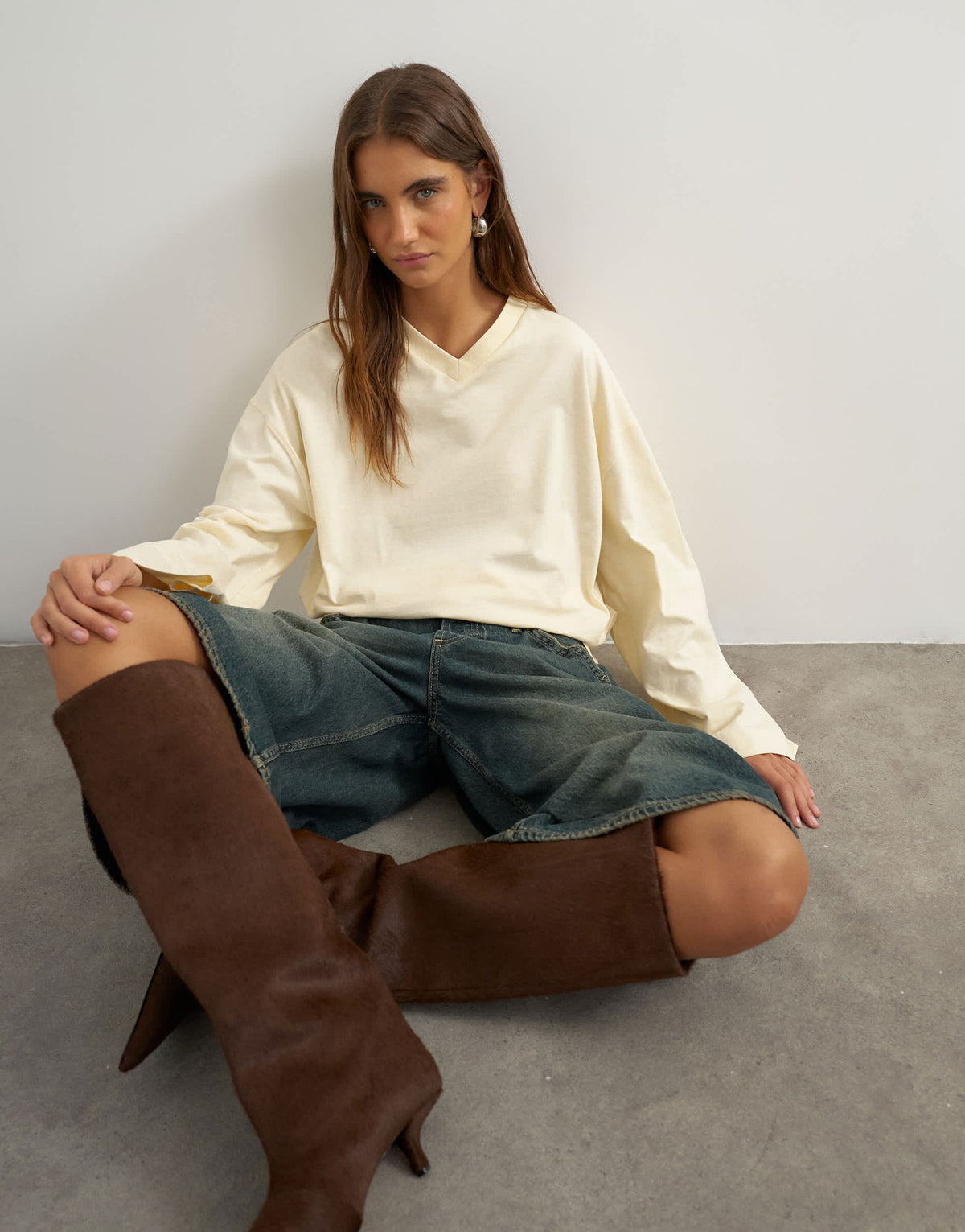 Topshop v neck long sleeve skater top in ecru