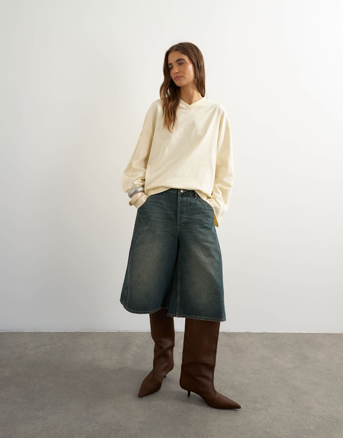 Topshop v neck long sleeve skater top in ecru
