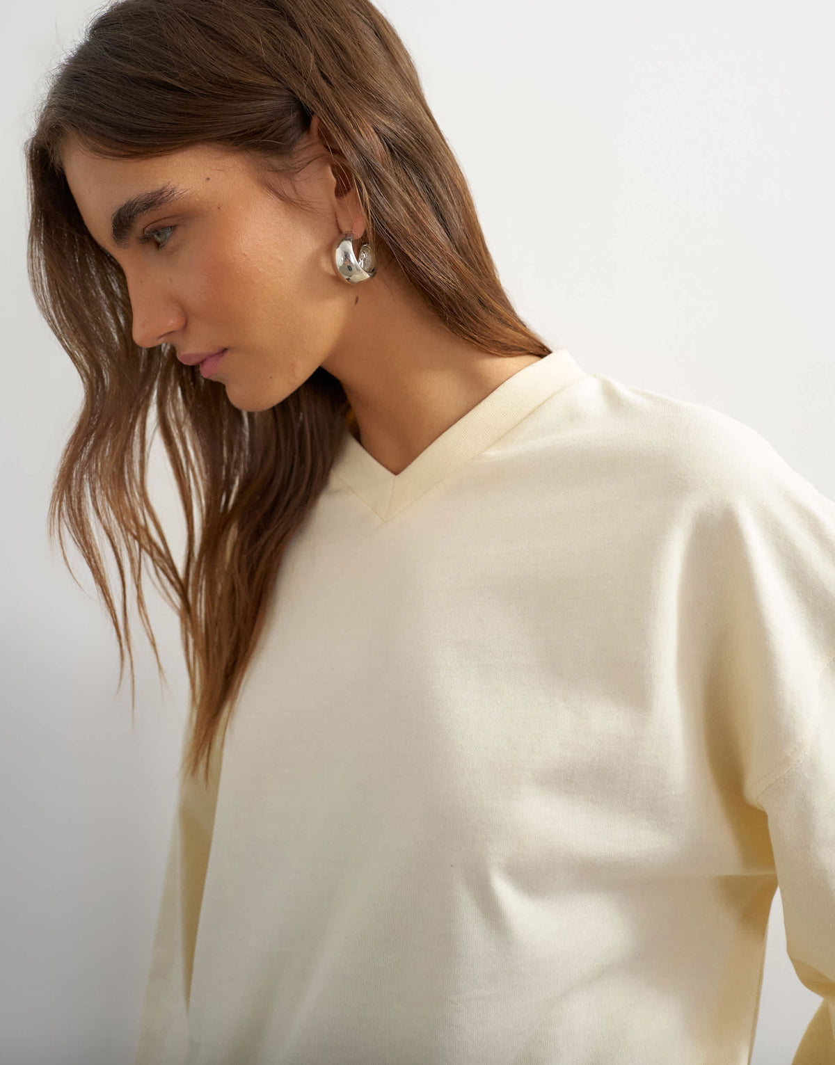 Topshop v neck long sleeve skater top in ecru