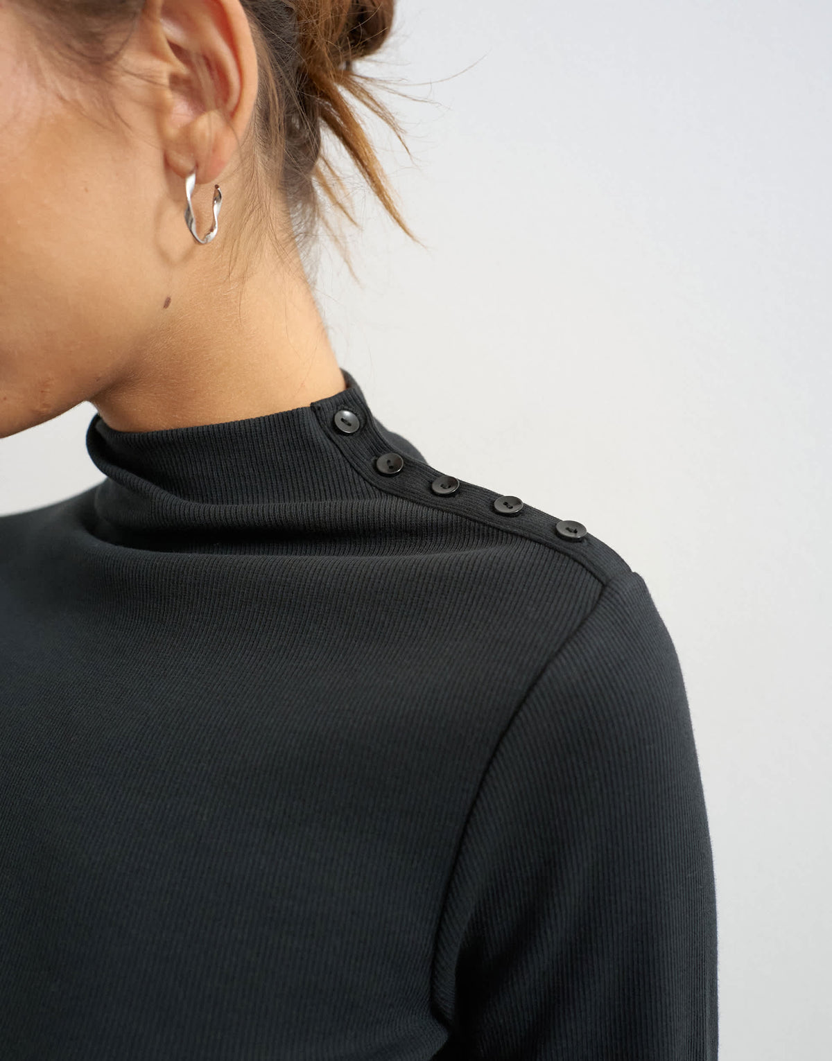 Topshop button detail funnel neck long sleeve top in black