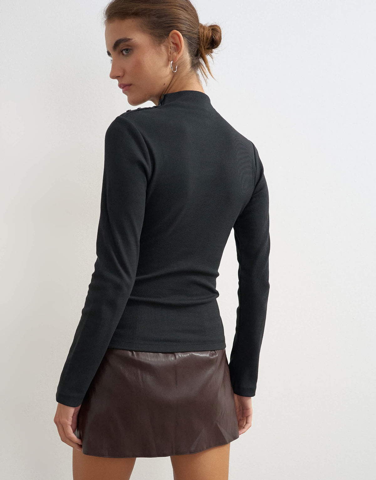 Topshop button detail funnel neck long sleeve top in black