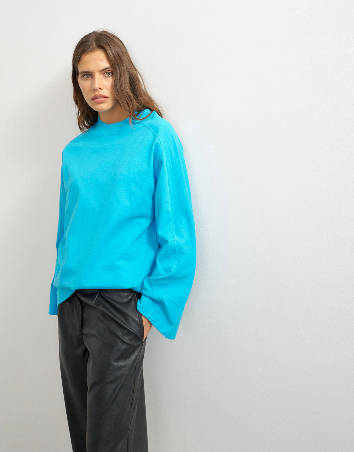 Topshop seamed detail long sleeve skater top in turquoise 