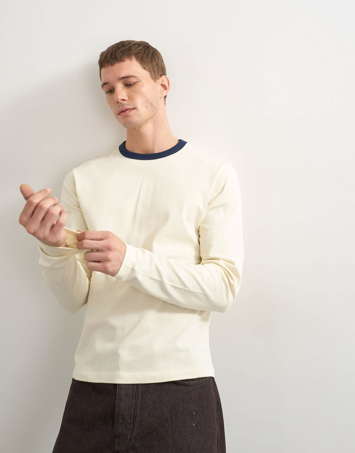 Topman classic fit crop long sleeve ringer t-shirt in ecru