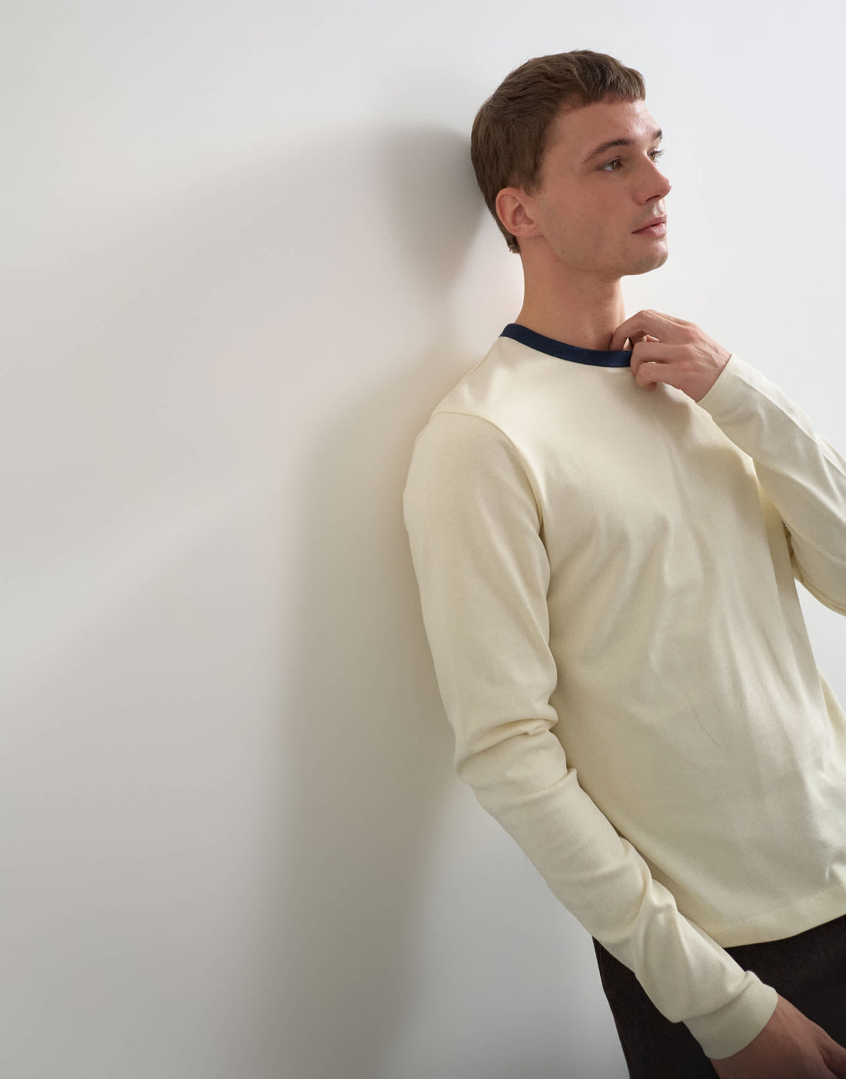 Topman classic fit crop long sleeve ringer t-shirt in ecru