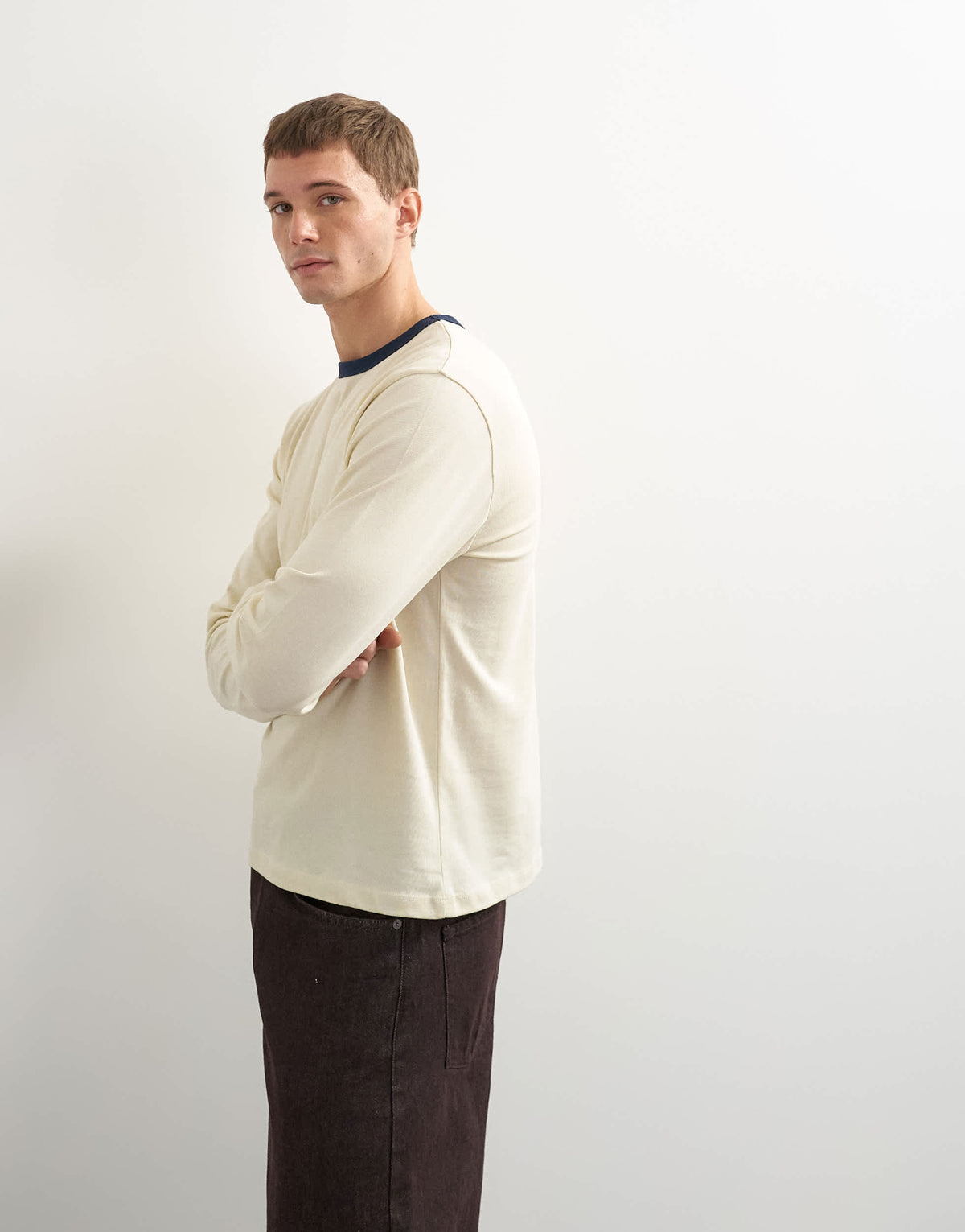 Topman classic fit crop long sleeve ringer t-shirt in ecru