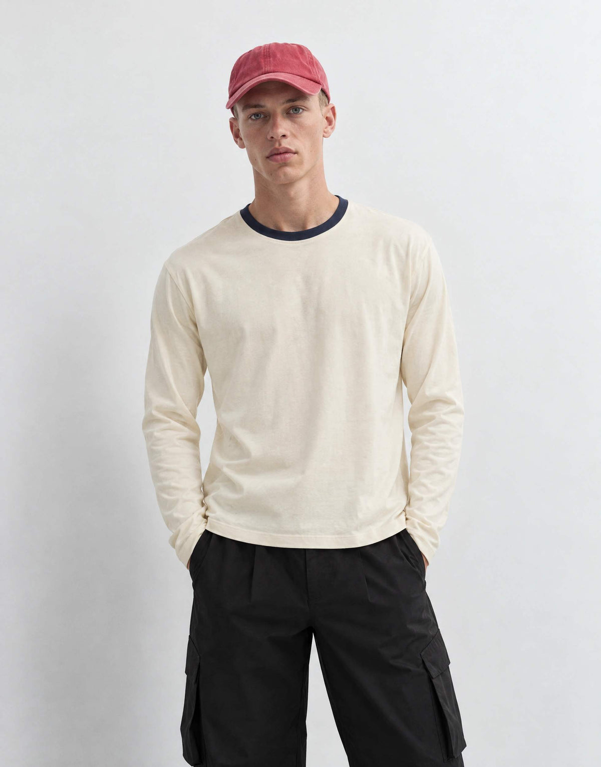 Topman classic fit crop long sleeve ringer t-shirt in ecru