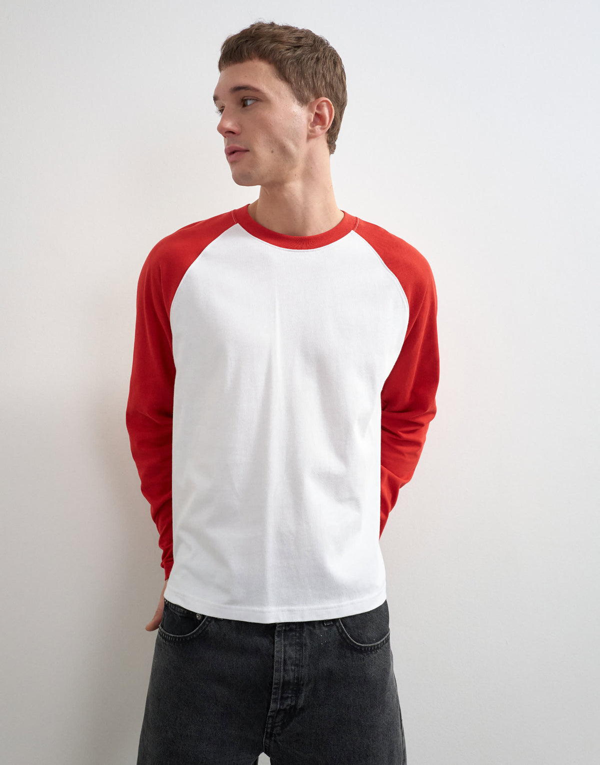 Topman relaxed fit crop long sleeve raglan t-shirt in red & white
