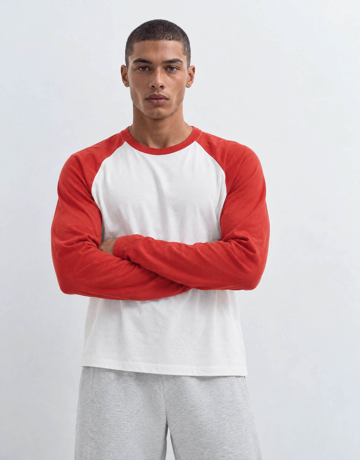 Topman relaxed fit crop long sleeve raglan t-shirt in red & white