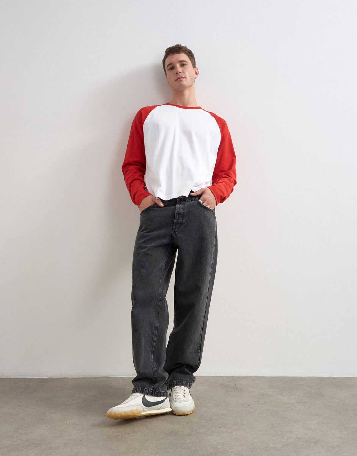 Topman relaxed fit crop long sleeve raglan t-shirt in red & white